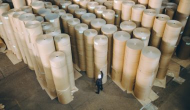 men looking at industrial-sized paper rolls