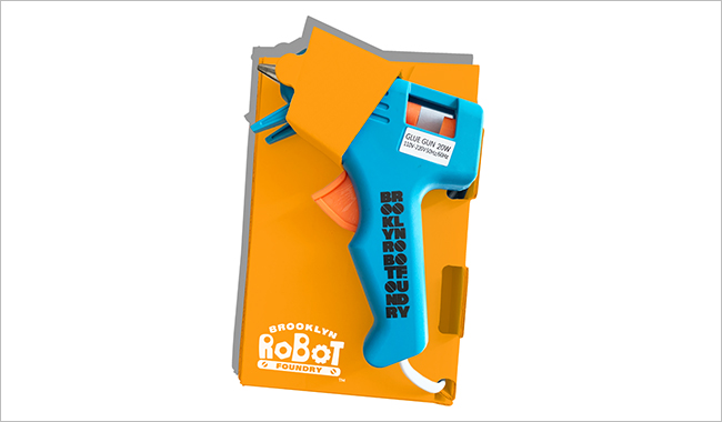 Brooklyn Robot Foundry glue gun with vibrant packaging mockup on a white background