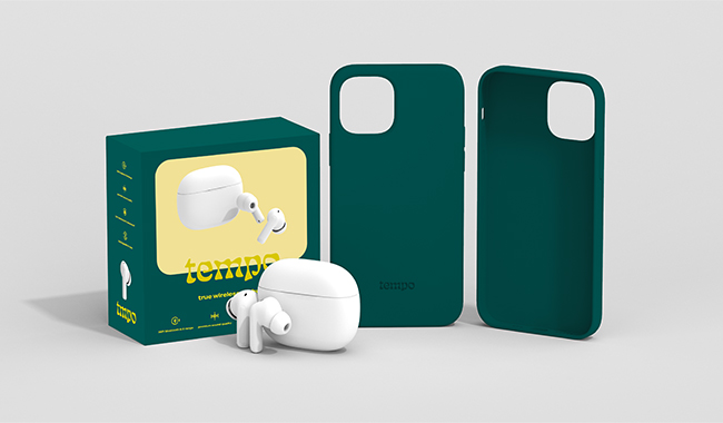 Tempo earbuds and smartphone cases with sleek packaging mockup on a neutral background