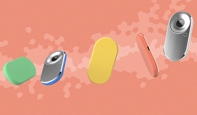 Range of sleek, modern healthcare products against a coral-patterned background.