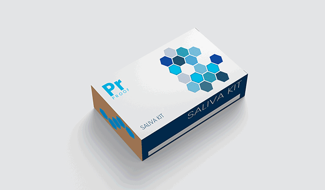 3D illustration of a medical saliva test kit packaging mockup with hexagonal patterns on a light background.