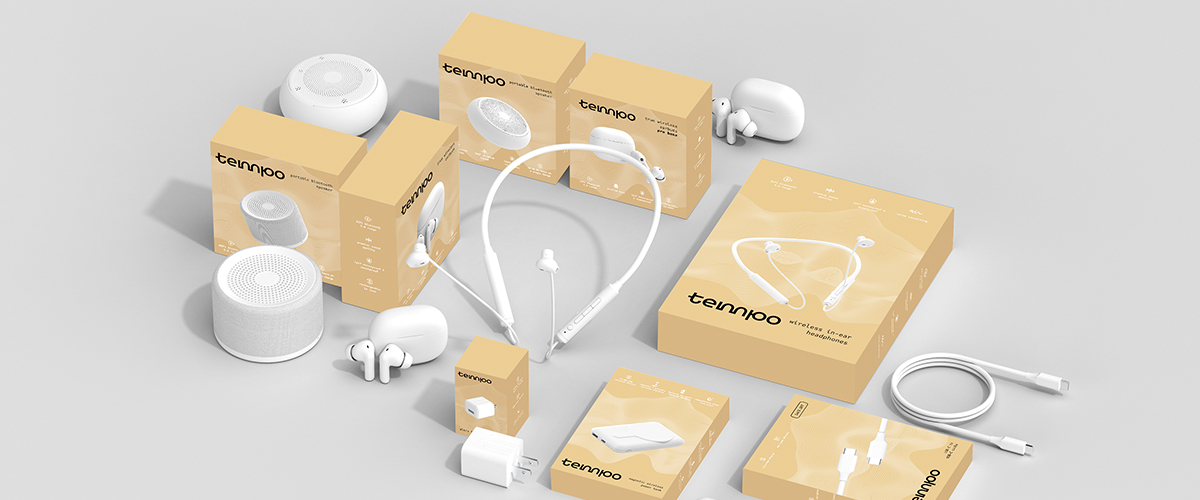 Assorted electronic accessories and their minimalist product packaging design mockup on a neutral backdrop