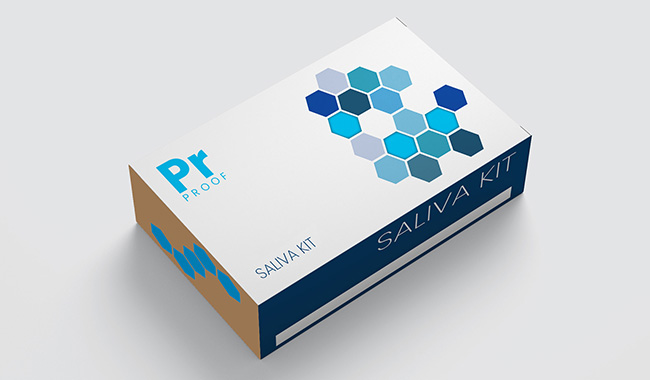 Professional proof saliva test kit packaging mockup with blue hexagonal design elements